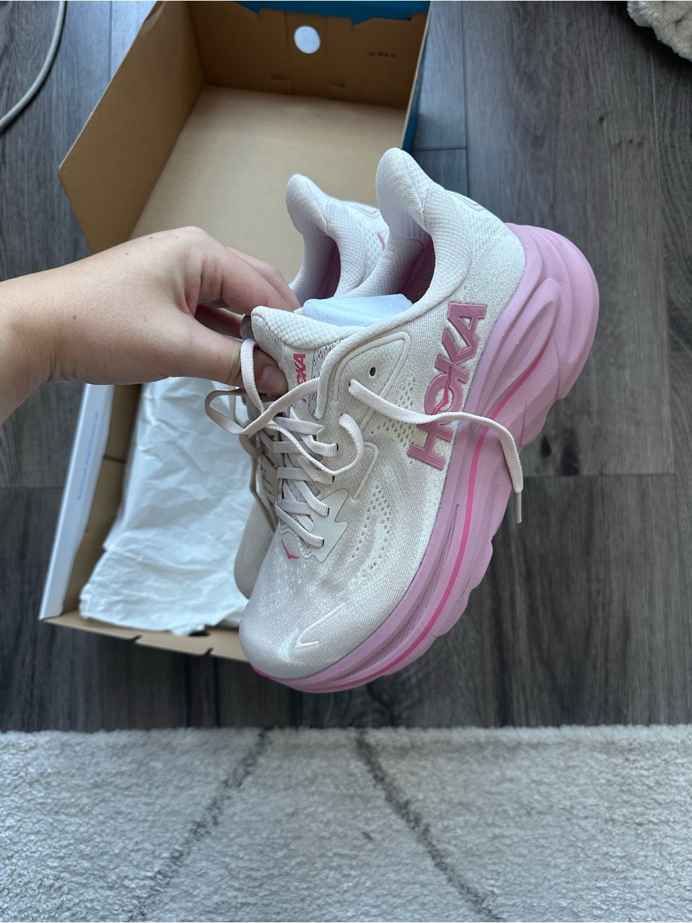 Hoka Women's Athletic Shoes in Cream and Pink